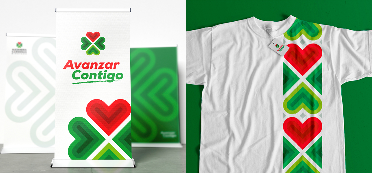 Visualización de un banner y una camiseta con el símbolo y mensaje Avanzar Contigo.