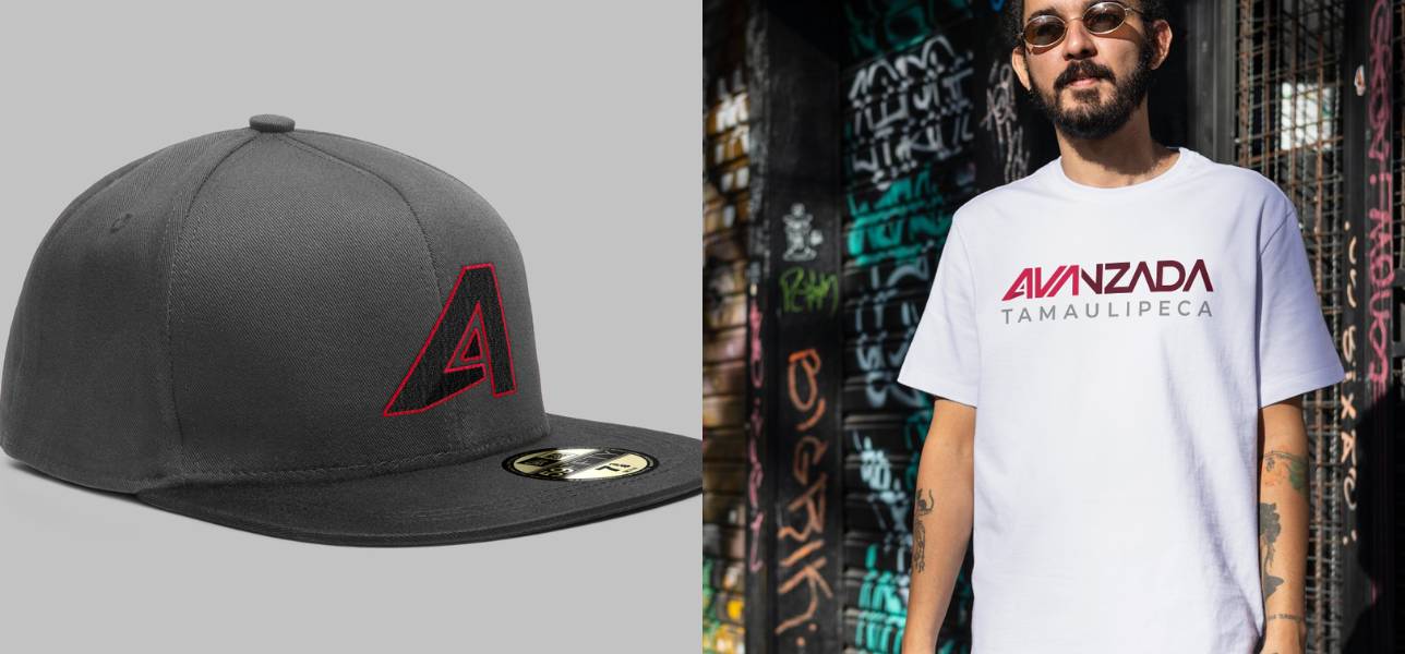 Visualizaciones de la identidad Avanzada Tamaulipeca en una gorra y una camiseta.