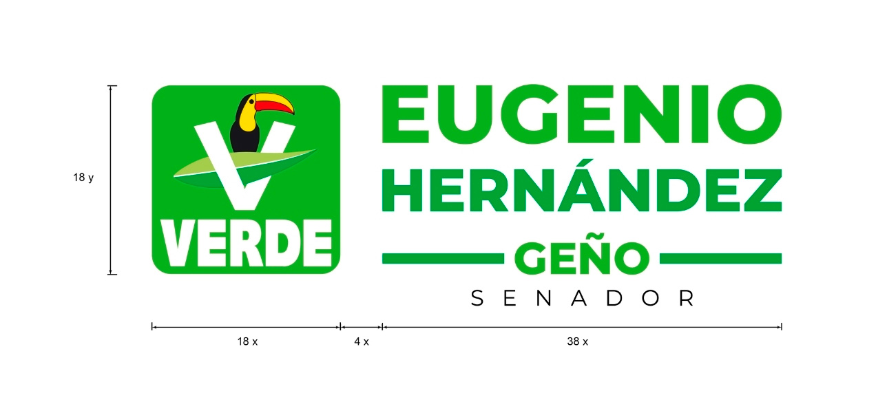 Construcción de la marca Eugenio Hernández GEÑO Senador con emblema verde y tucán.
