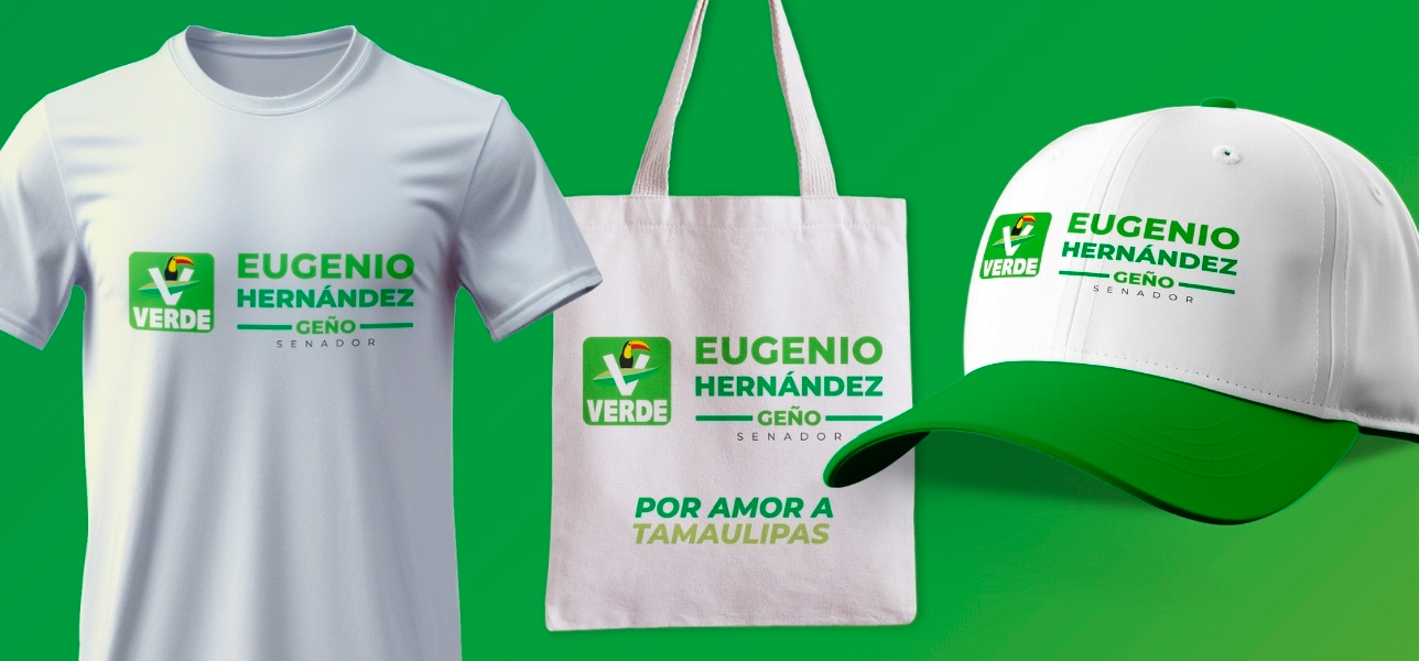 Visualizaciones de camiseta, bolsa y gorra blancas con la marca Eugenio Hernández.