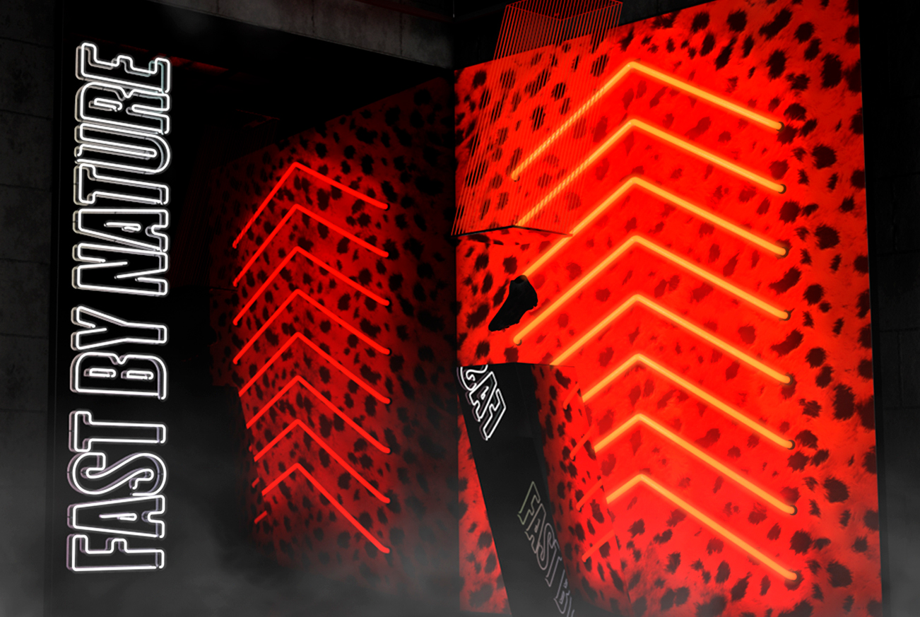 Visualización del stand Nike Mercurial con exhibición de calzado, superficies rojas y líneas luminosas.