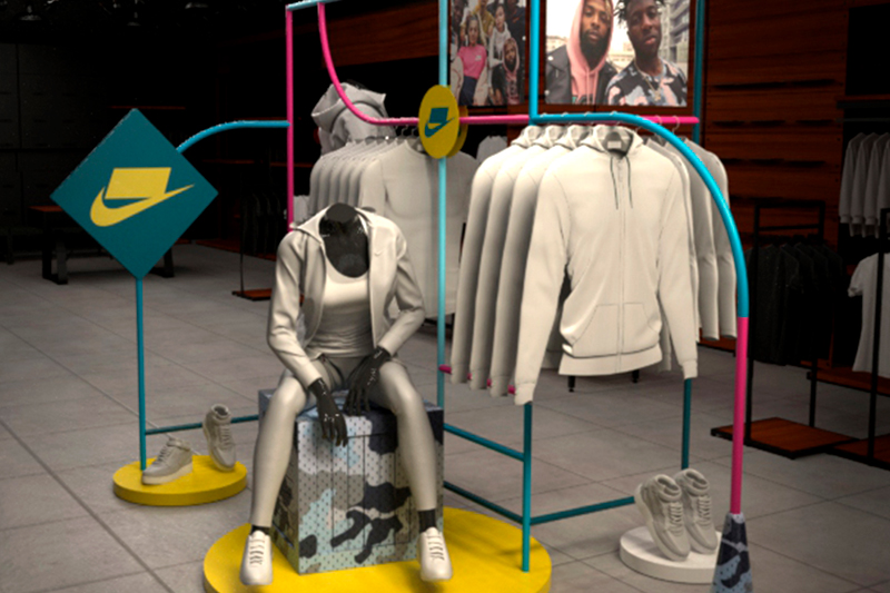 Visualización de exhibición Nike con prendas, calzado y estructuras curvas de colores.